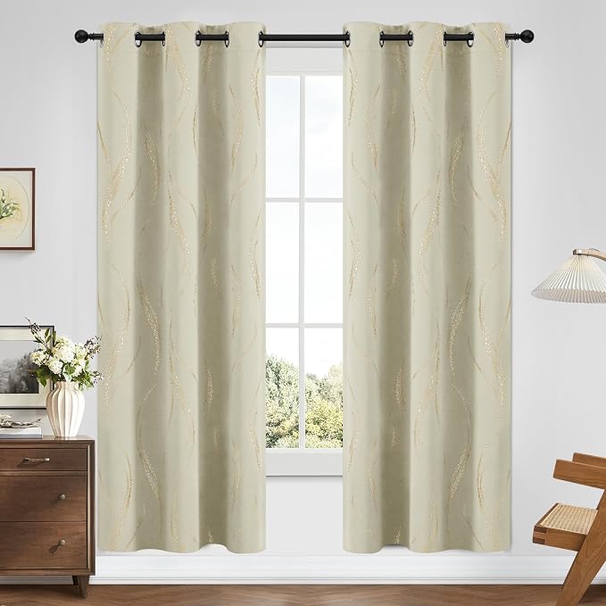 Yakamok Cream Light Blocking Curtains 72 Inches Long Gold Print Wide 42" | Gold - Image 2