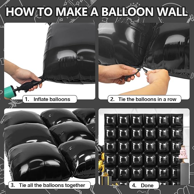 NISOCY 36PCS Metallic Black Square Foil Balloons Wall Backdrop | Double Sided - Image 4