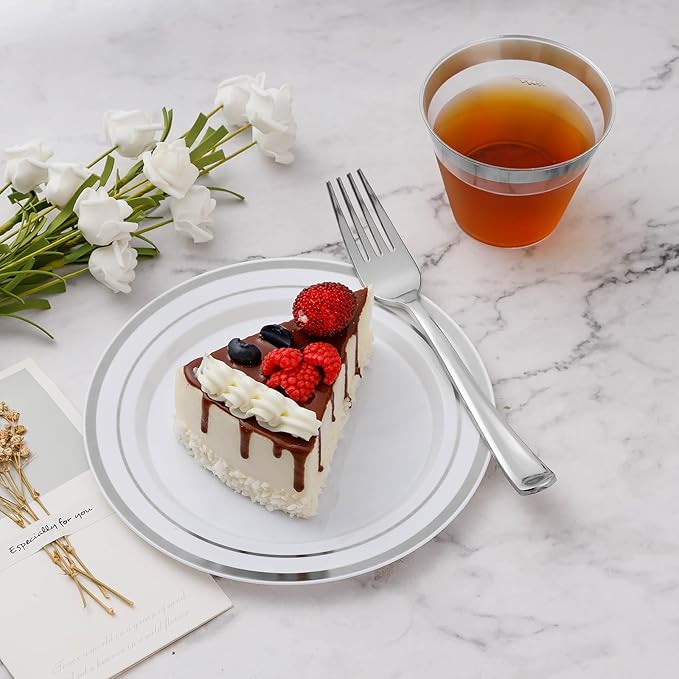 BESTVIP 300PCS Plastic Dinnerware Set (50 Guests), Silver Disposable Plates for Party, Wedding, Christmas, Anniversary, Includes: Dinner Plates, Dessert Plates, Cups, Spoons, Forks and Knives