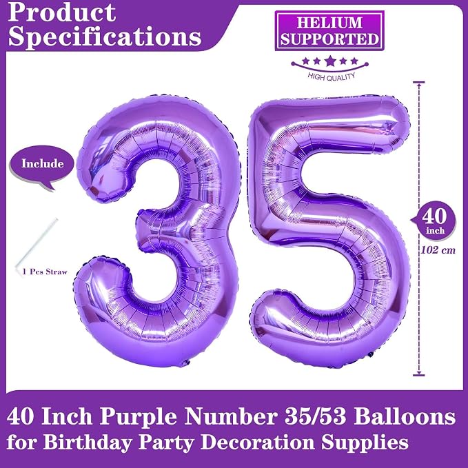 Purple 35 Number Balloons, 40 Inch Giant Number 35 Balloons Foil Mylar Helium - Image 2