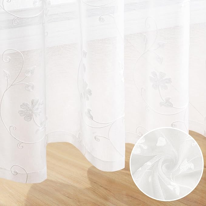 HOMEIDEAS White Sheer Curtains 84 Inches Long 2 Panels White Embroidered Floral - Image 6