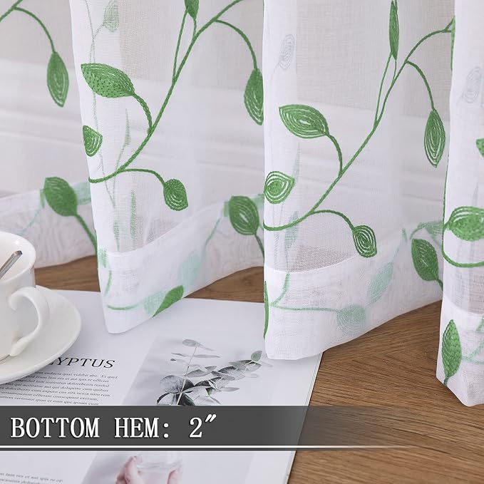 Tollpiz Leaves Sheer Tier Curtain Green Leaf Embroidery Kitchen Half Curtains - Image 4