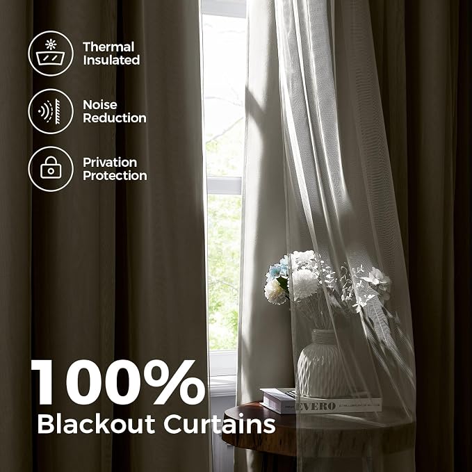 100% Blackout Curtains for Bedroom, Double Layer Beige Curtains, Room Darkening - Image 3