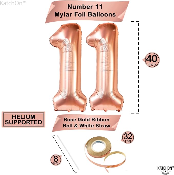 KatchOn Rose Gold Number 11 Balloon 40 Inch, 11th Birthday Balloon Decor | 11th - Image 3