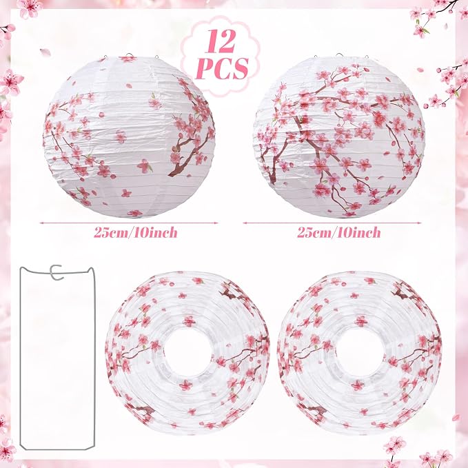 Honoson 12 Pcs Cherry Blossom Paper Lanterns Spring Floral Cherry Blossom Party - Image 2