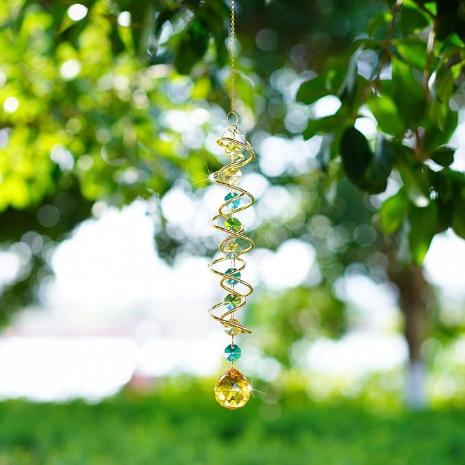 20.5in Yellow Crystal Gazing Ball Spiral Wind Spinner Suncatcher Decor | Yellow - Image 8