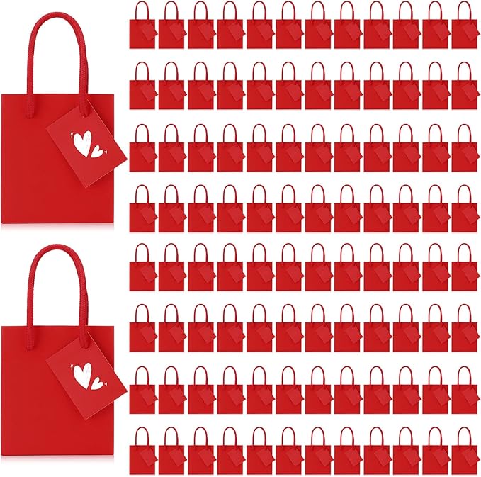 Sherr 100 Pack Mini Gift Bags Bulk, 4 x 2.75 x 4.5 Inches Paper Bags with Tags, Extra Small Paper Gift Boxes with Handles for Birthday, Party Favors, Weddings, Small Business(Red)