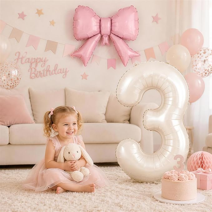 40 Inch Cream Number 7 with Pink Bow Balloons, Giant Self Inflating Beige Cream - Image 6