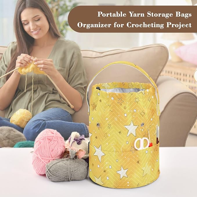 Cartoon Golden Stars and Dots Yarn Bag Small Crochet Bag Drawstring Yarn - Image 4
