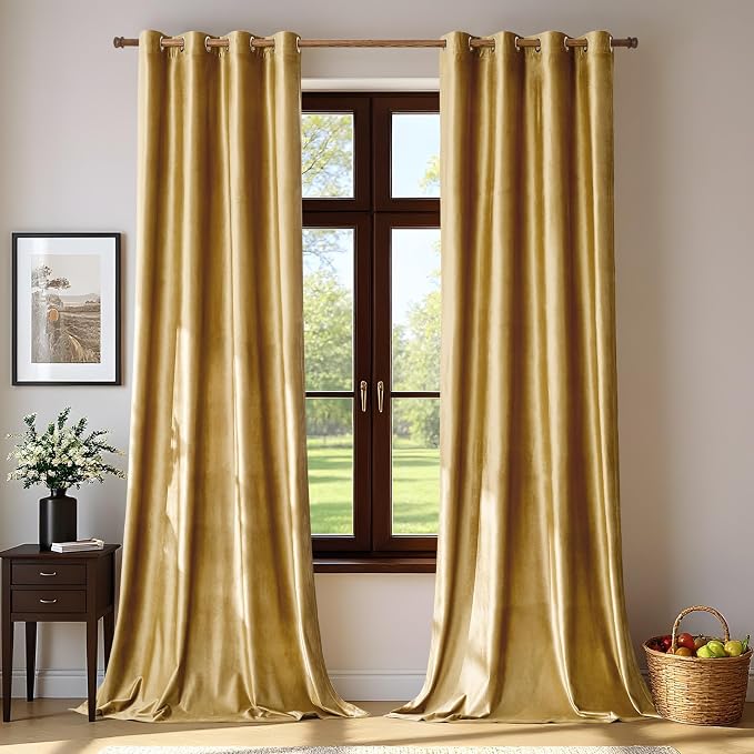 BULBUL Velvet Gold Blackout Curtains 102 inch Long by ModernShinyVelvetCurtains