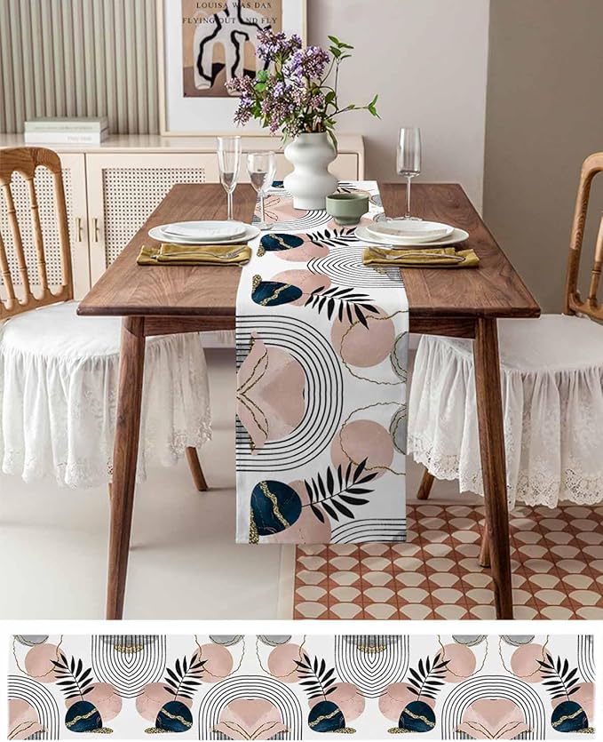 Modern Boho Cotton Linen Table Runner for Dining Kitchen, Wedding Outdoor Party Tablerunners Decoration, Abstract Bohemian Tropical Palm Leaf Dresser Scarf Coffee Tablecloth Runners 13x108 Inches