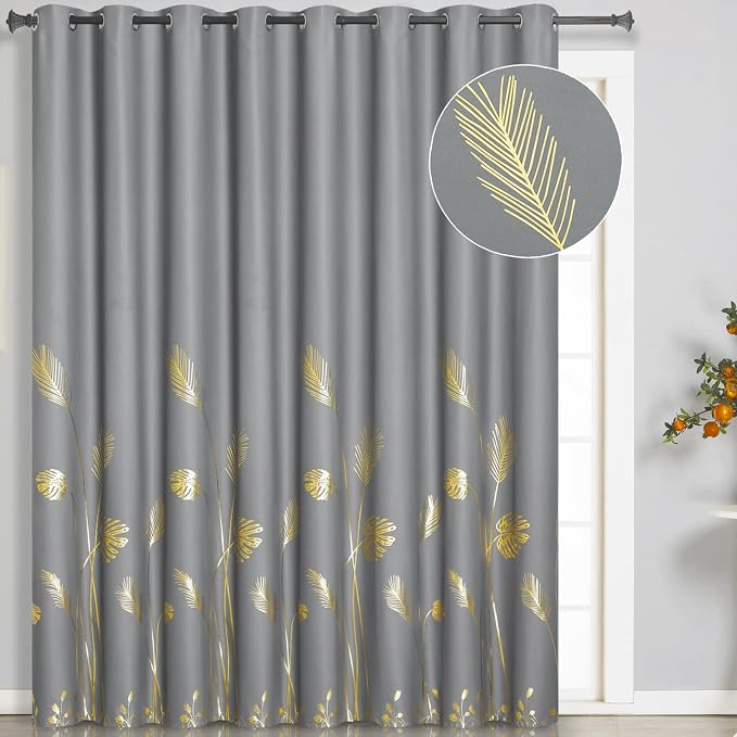 Grey Blackout Curtain for Dining Room 100W x 108L Inch Long Gold Palm Tree by ESTELARTEXTILER