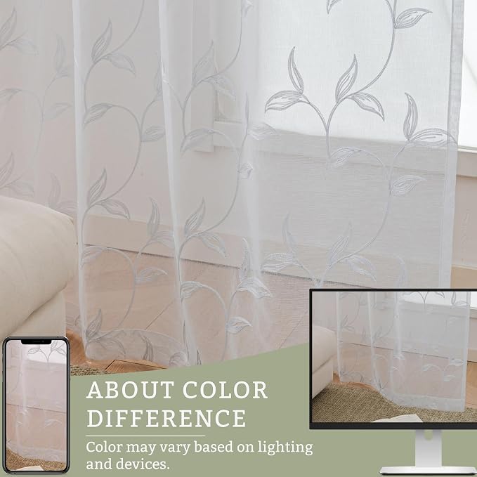 White Sheer Curtains Boho Leaf Floral Embroidered 54Wx55L | Light Filtering - Image 6