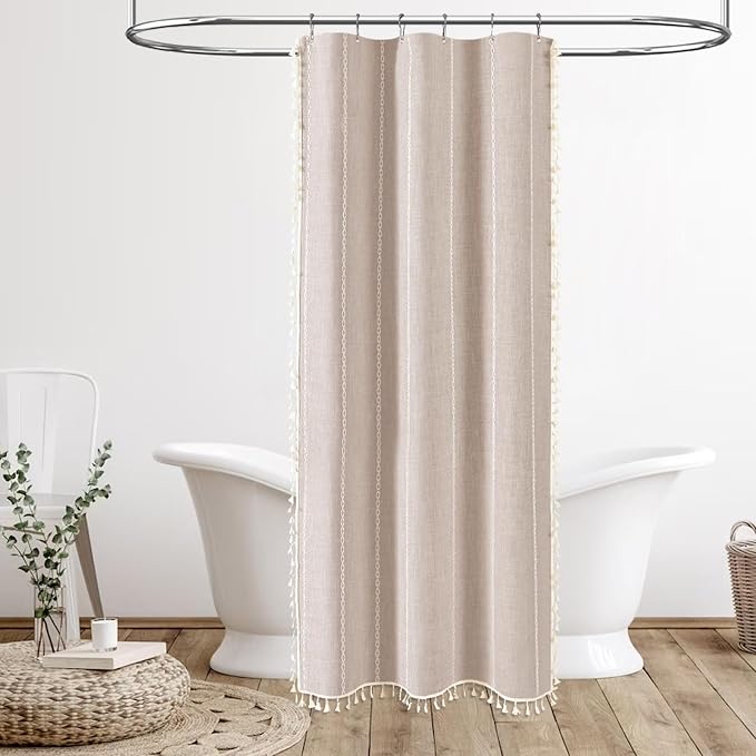Small Boho Linen Heavy Duty Cloth Shower Curtain, Tan/Taupe | Stall Size - Image 6