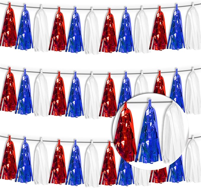 3P White Blue Red Tassel Banner Garland Metallic Foil Fringe Banner Tinsel by FENGNIAN