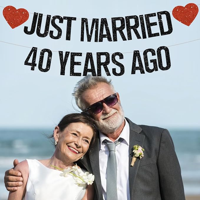 Black Glitter Just Married 40 Years Ago Banner, NO DIY, Pre-Strung 40th Wedding - Image 4
