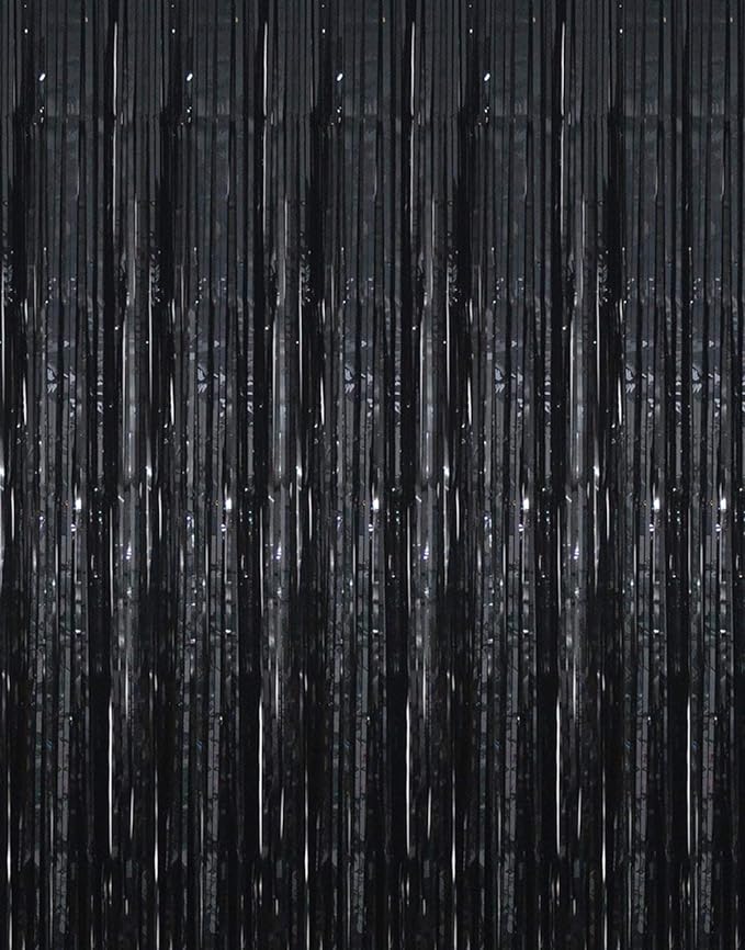 GOER 3.2 ft x 9.8 ft Black Photo Backdrop Party Streamers for Halloween,Birthday Party,1 Pack Black Metallic Tinsel Foil Fringe Curtains Party Decorations Wedding Decor