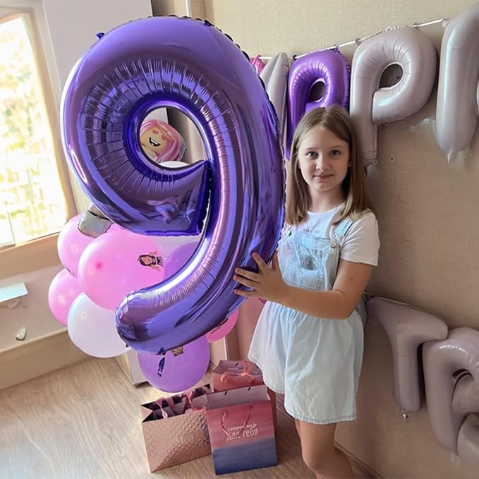 40 Inch Purple Number Balloons, Giant Self Inflating Foil 9 Years Old Birthday - Image 4