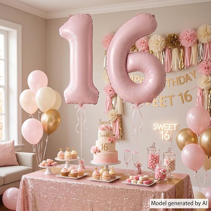 Blush Pink Number 16 Balloon 40 Inch, Foil Digits Theme Party Supplies | Matte - Image 7