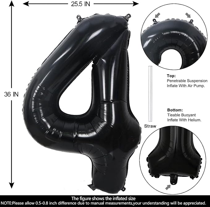40 Inch Black Number 4 Balloons Helium Giant Black 4 Balloons - Image 2