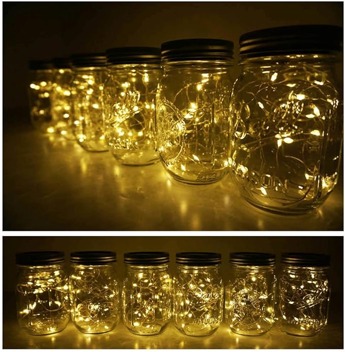 Decorman Solar Mason Jar Lid Lights, 6 Pack 20 LED Waterproof String Fairy Star Firefly Jar Lids Lights for Patio Garden Yard Lawn Party Wedding Christmas Decoration(Jars & Hangers Not Included)