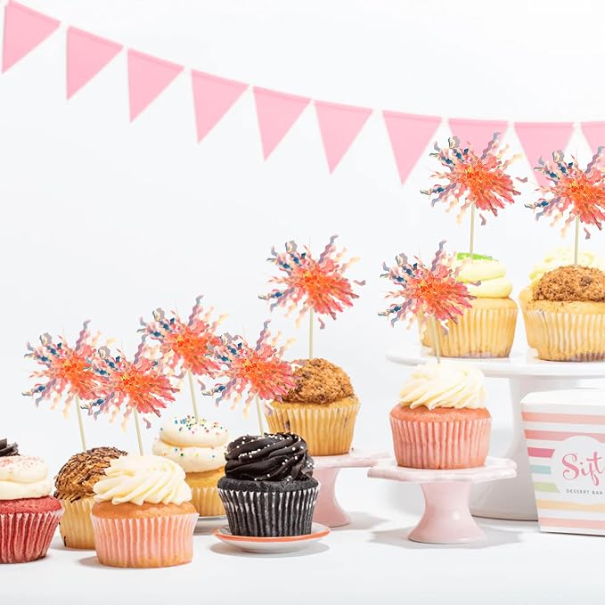 Gyufise 30Pcs Foil Firework Cupcake Toppers Sparkle Tinsel Cake Toppers Tinsel - Image 5