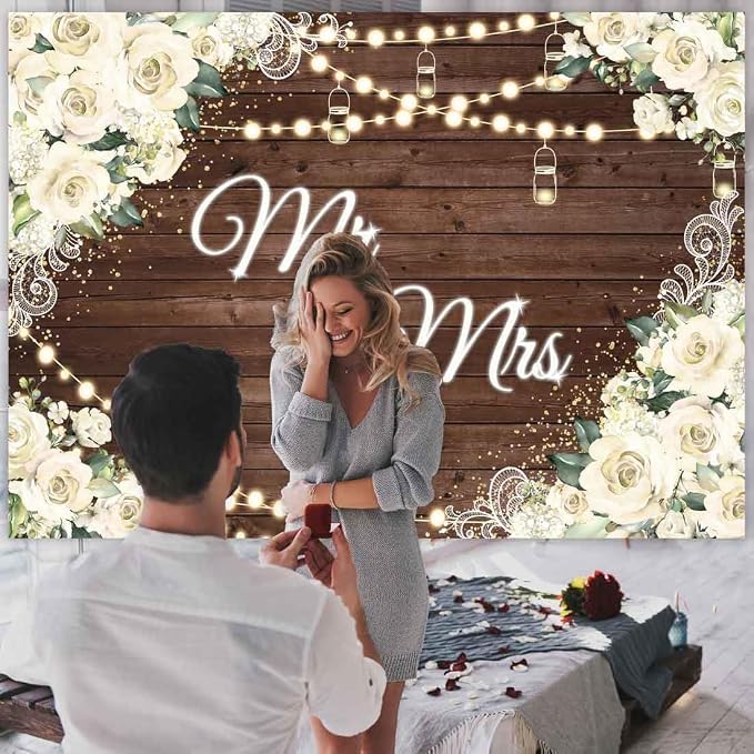 10x7ft Floral Mr and Mrs Engagement Decorations Backdrop White Flowers Wooden - Image 3