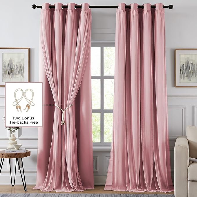 100% Blackout Curtains for Bedroom, Double Layer Pink Curtains, Room Darkening - Image 2