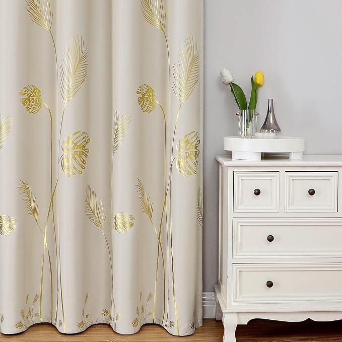 Blackout Window Curtain Panels Grommet Thermal Insulated Gold Palm Tree Wheat - Image 2