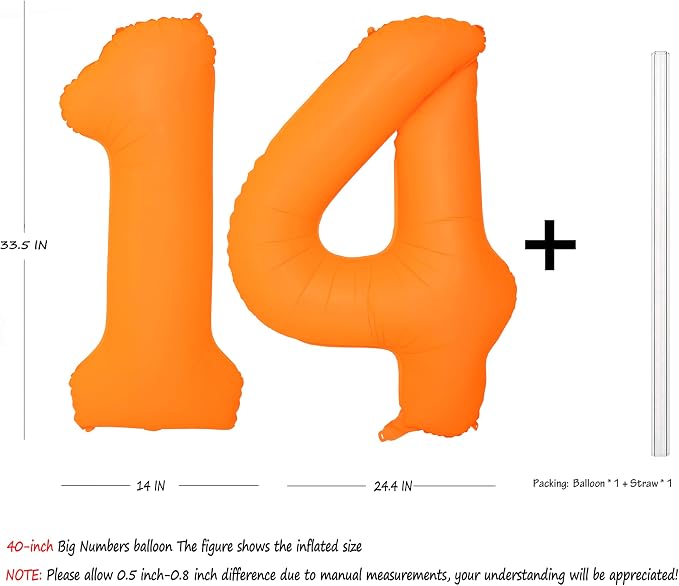 Orange Birthday Number 14 Balloon 40IN Fluorescent Orange 41 Balloon | - Image 2