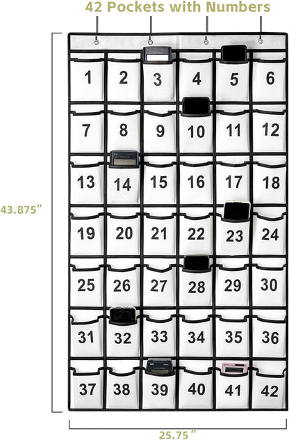 42 Pockets Numbered Classroom Pocket Chart for Cell Phones, Hanging Pocket Chart Storage for Classroom Phone Calculator Holder with 4 Hooks and 42 Clear Numbers Printing (White-42pockets)