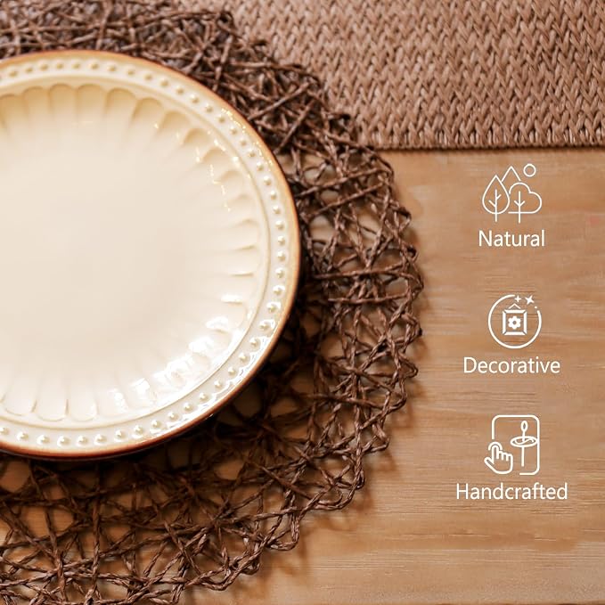 AHHFSMEI Paper Braided Round Placemats Set of 6 Natural Non-Slip Heat Resistant - Image 3