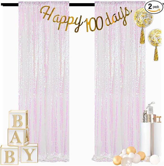 ShinyBeauty 2PCS 4x7FT Iridescent White Sequin Backdrops| Sparkle Photo by ShinyBeauty