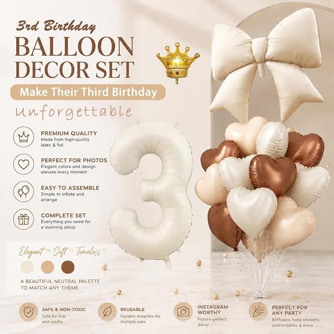 3rd Birthday Decorations for Girl Boy, Cream Number 3 Balloon - Image 3