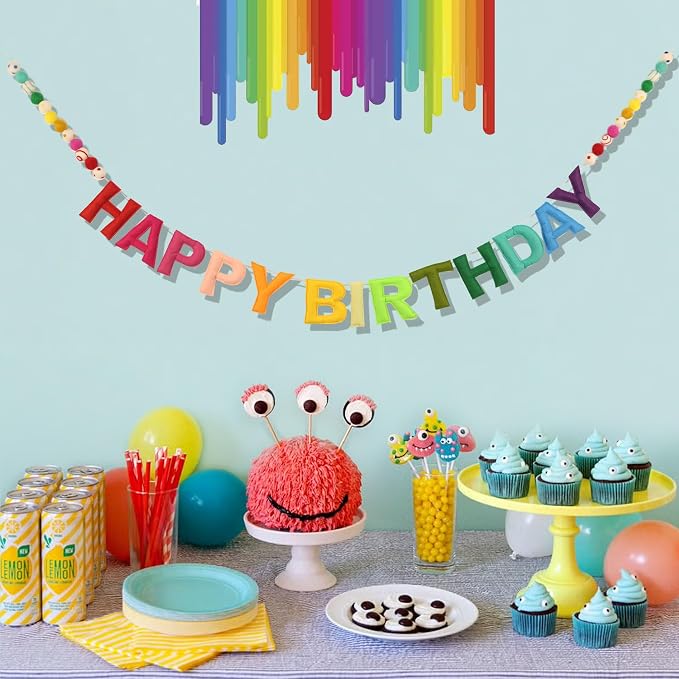 Pre-Strung 3D Felt Happy Birthday Banner, Rainbow Birthday Decoration | Reusable - Image 6