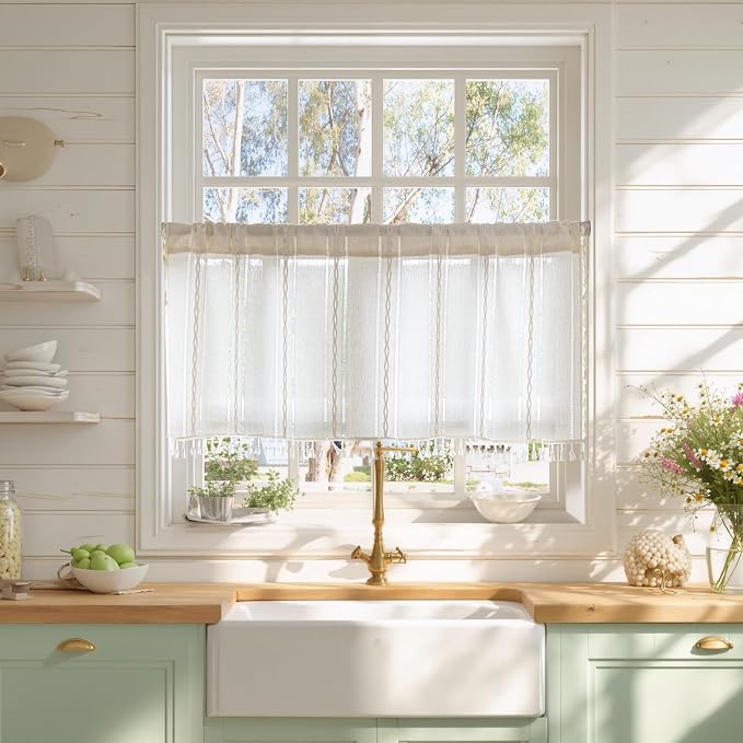 Sutuo Home Ivory Boho Curtain 52W x 18L inch White Striped Light Filtering by SutuoHome