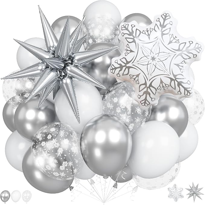 White Silver Snowflake Christmas Balloons, 18 Inch White Snowflake Foil Balloon by Togvu