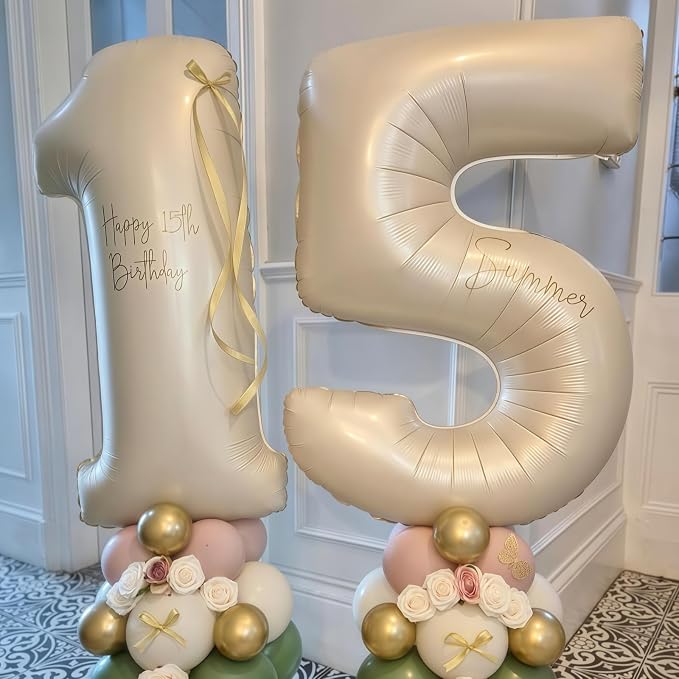 Cream Number 15 Balloons, 40 Inch 15 Balloons Giant Helium Foil Mylar Beige 15 - Image 2