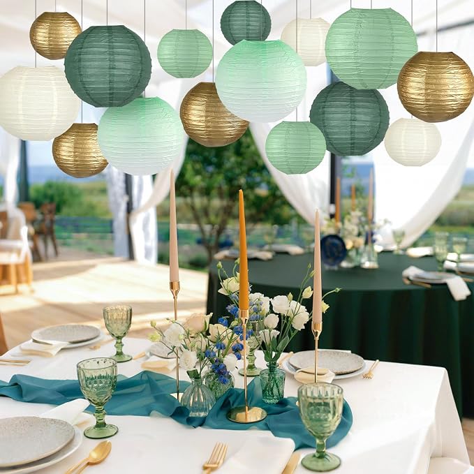 15-Pack Sage Green Gold Paper Lanterns, Hanging Classroom Decor | 6, 10 Inch - Image 3
