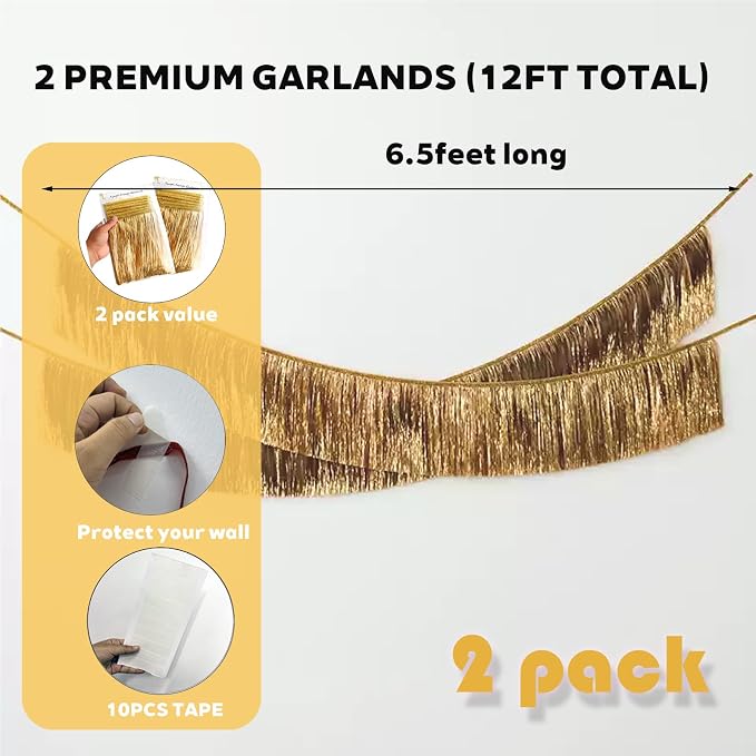 2 Pack Shiny Light Gold Tinsel Fringe Banner 13FT Metallic Garland - Image 4