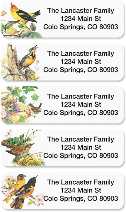 Meadow Birds Rolled Personalized Return Address Mailing Labels with Dispenser, Set of 500, 5 Designs, Small ¾ x 2½ Inch Size, Custom Self-Adhesive Sticker Roll, by Colorful Images
