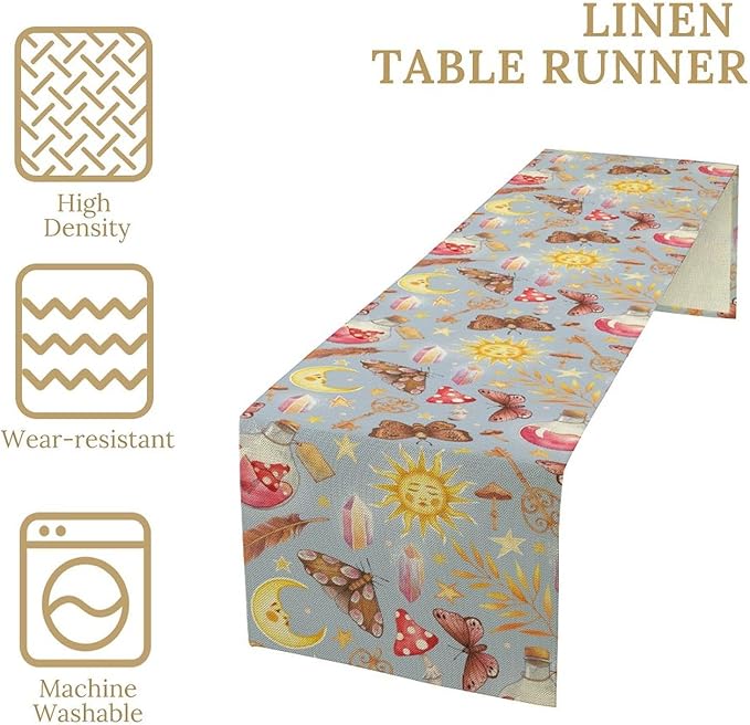 Boho Sun Moon Table Runner Mystical Rustic Butterfly Mushroom Star Table Runner for Kitchen Living Room Dinner Holiday 13x90 Inch