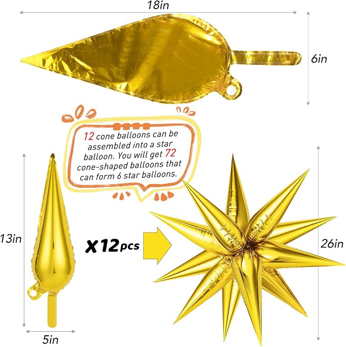 Black Gold Silver Foil Star Balloons, Cone Mylar Spike Balloons Fireworks - Image 6