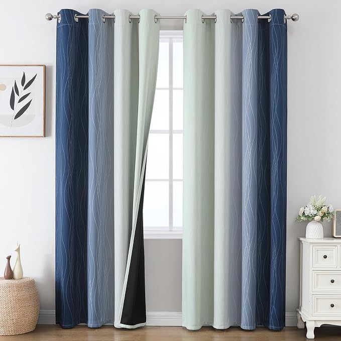 Sage Green and Navy Blue Blackout Curtains by ESTELARTEXTILER
