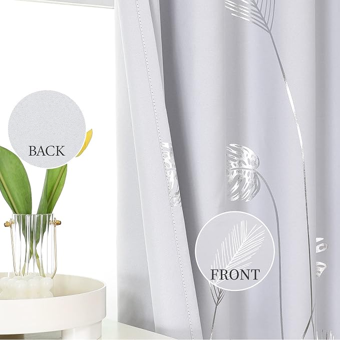 Greyish White Room Darkening Curtains 84 Inches Long Silver Palm Tree Pattern - Image 3