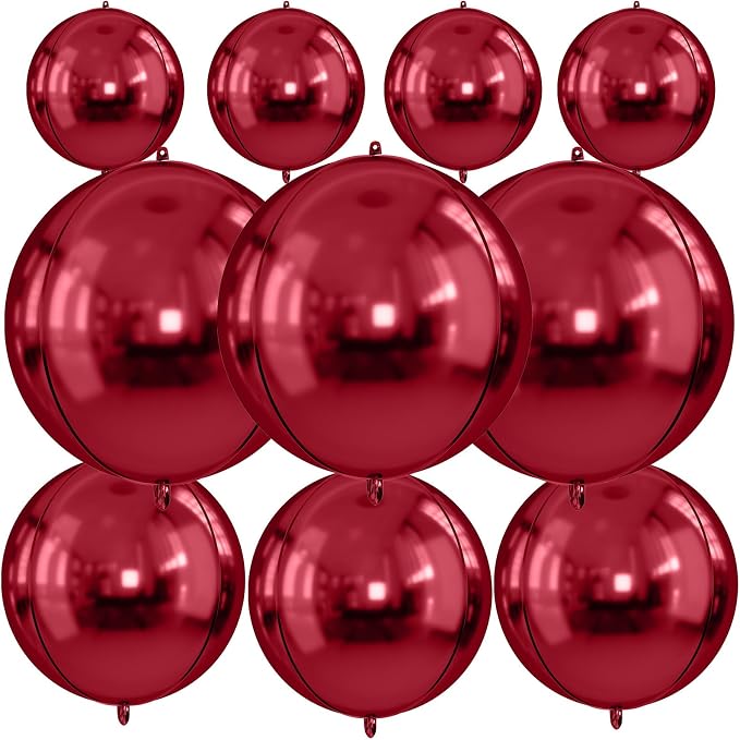 10Pcs Red Round Foil Balloons, Metallic Silver Dark Red Foil Baloon by FunHot