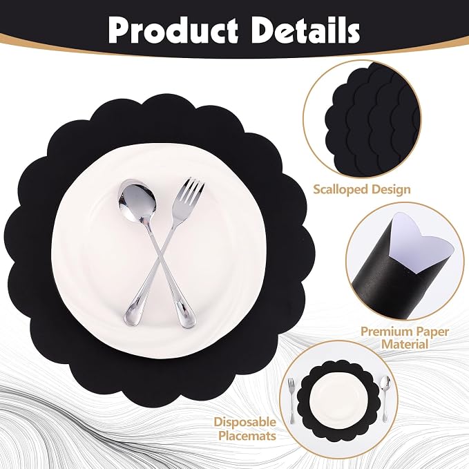 60 Pcs Black Paper Placemats, 13.5 Inch Scalloped Table Mats | Thick Paper - Image 4