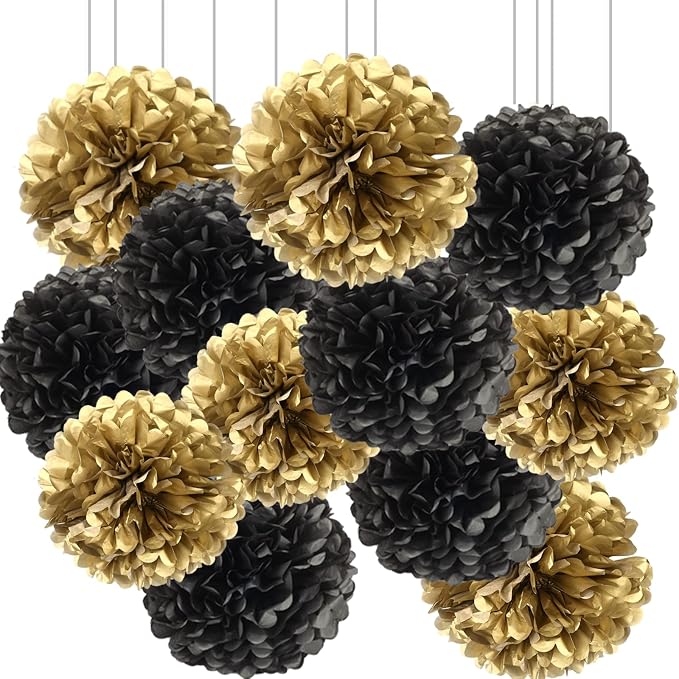 Black Gold Paper Pom Poms for Wedding Birthday Black Gold Party Decoration by We+Moment