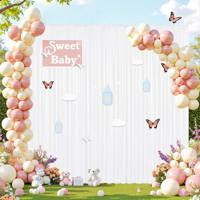 2×8FT-6PCS White Sequin Backdrop Curtains Panels, Photography Backdrop Glitter - Image 2