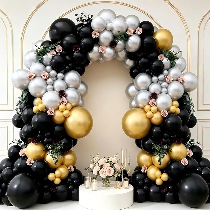 143Pcs Black Gold Silver Balloon Garland Arch Kit | Black Gold Silver Latex - Image 4